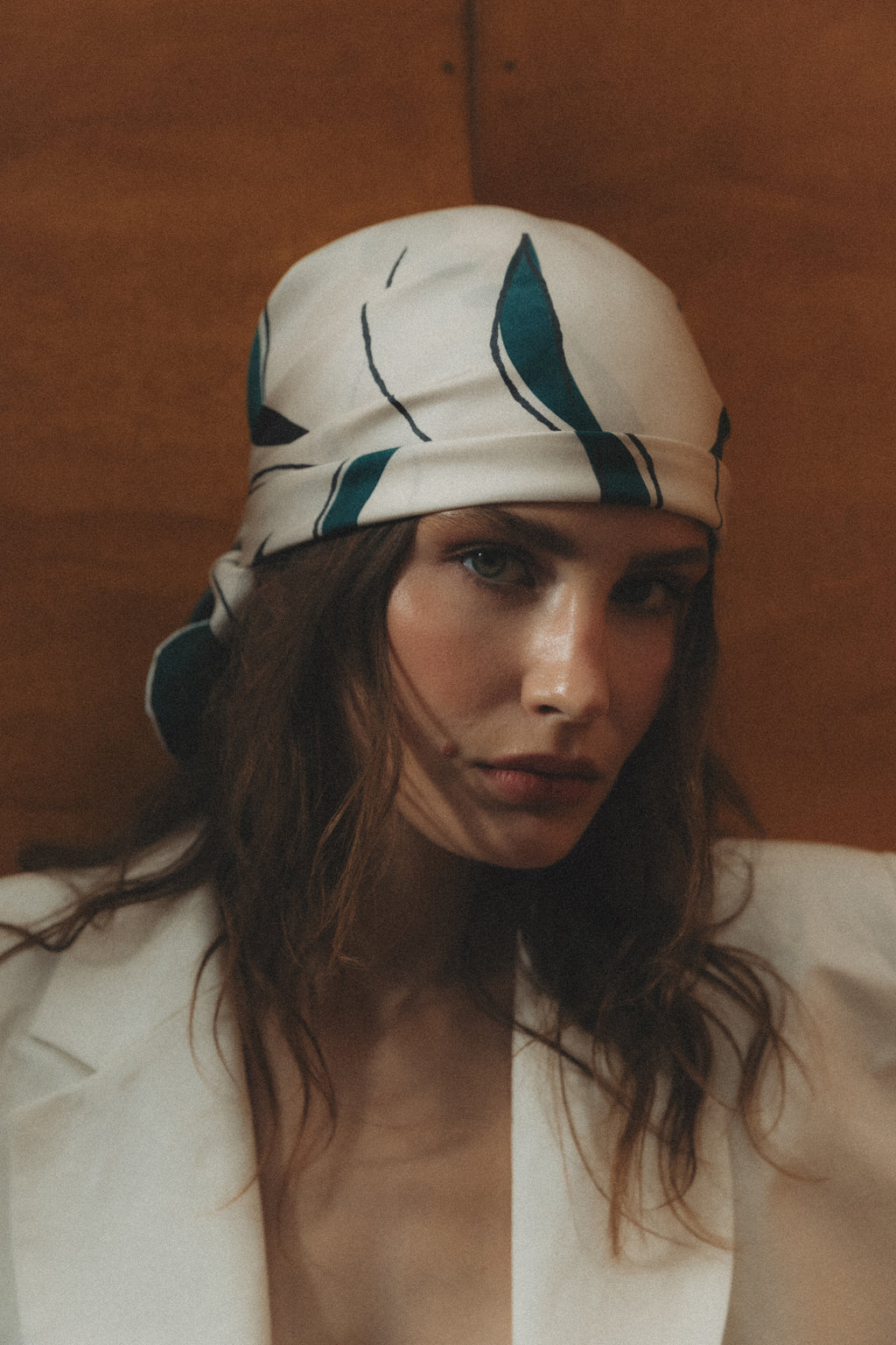 Wimbledon Silk Scarf by Baltér Warsaw – Grace Orange colorway, styled on model